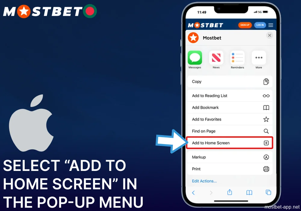Select “Add to home screen” in the pop-up menu on Mostbet website